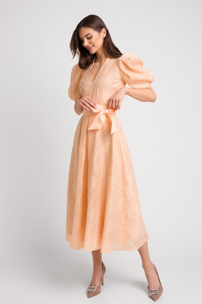 Morelowa rozkloszowana sukienka midi z bufiastym rękawem Icon Romantic by Swing