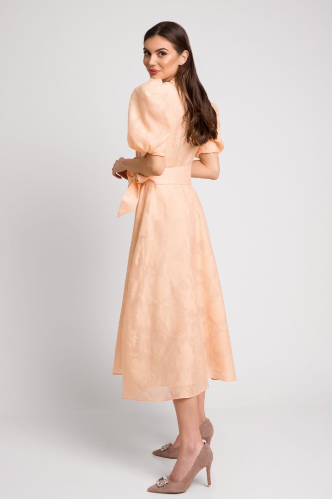 Morelowa rozkloszowana sukienka midi z bufiastym rękawem Icon Romantic by Swing