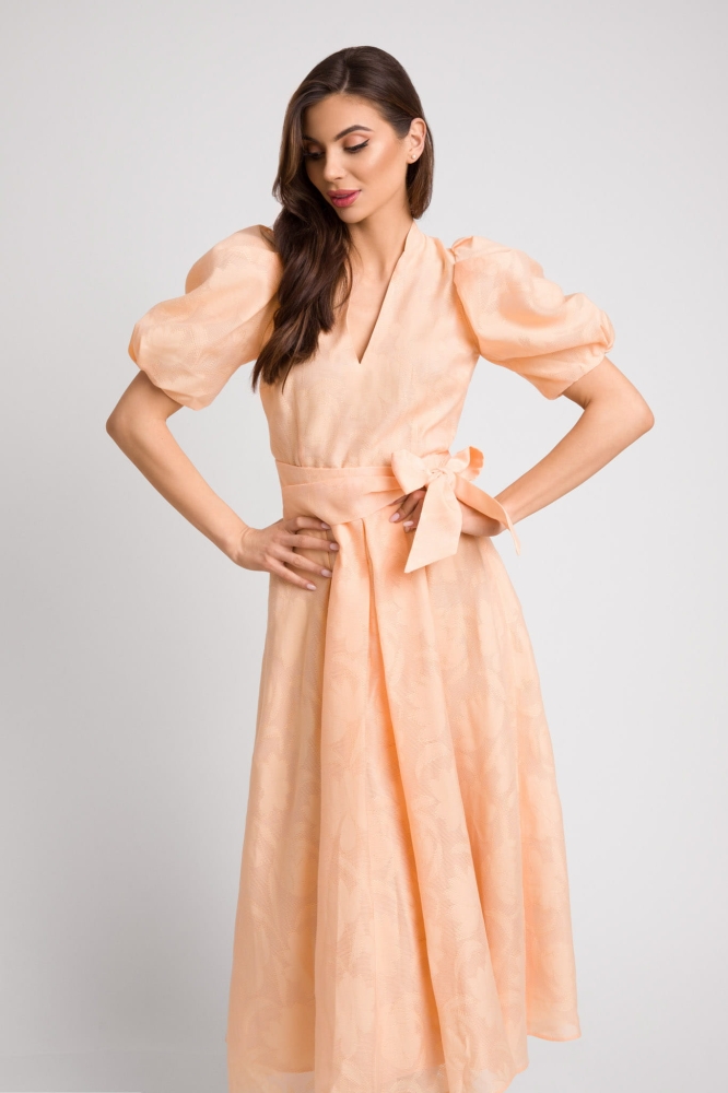 Morelowa rozkloszowana sukienka midi z bufiastym rękawem Icon Romantic by Swing