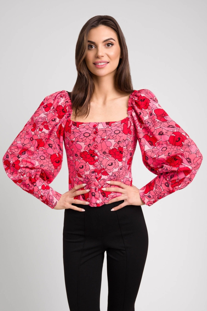 Gorsetowa bluzka z bufiastymi rękawami w białe kwiatki na błękitnym tle Venice by Swing