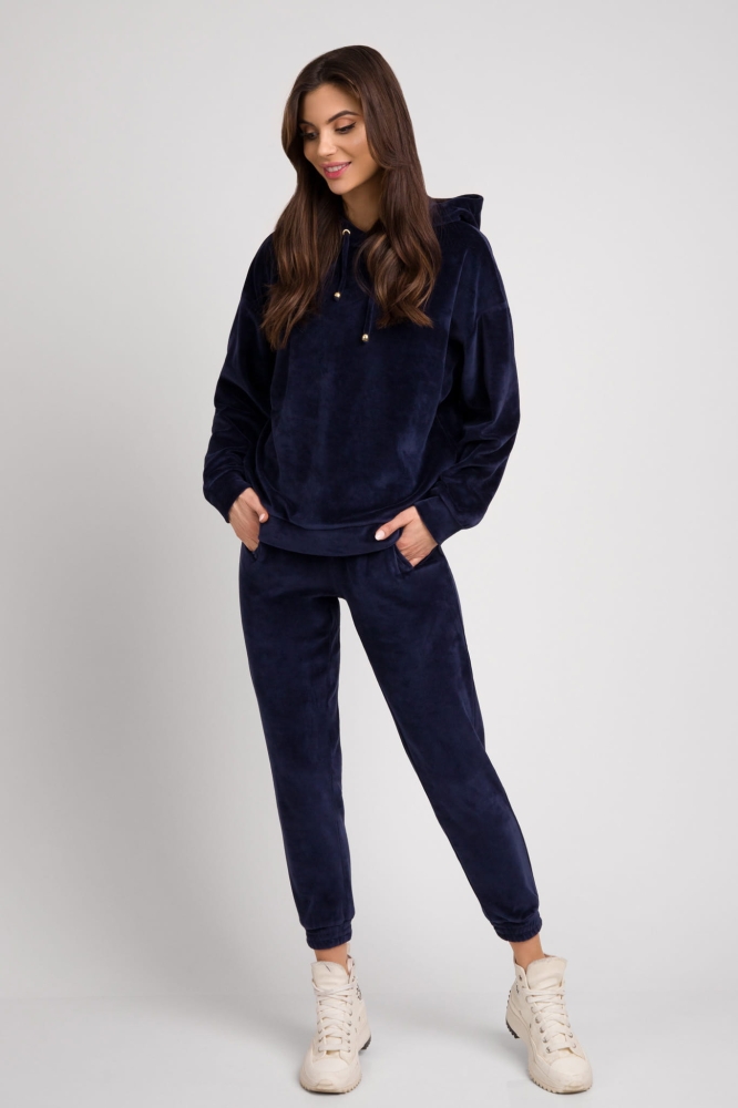 Granatowy trzyczęściowy welurowy dres z kapturem Fallon by Swing