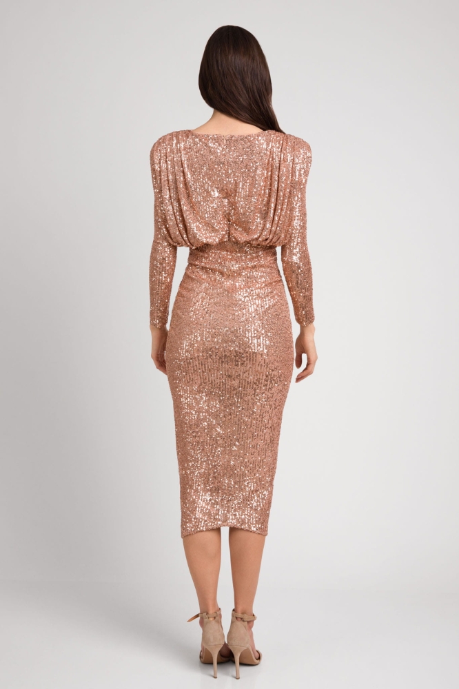 Zjawiskowa złota dopasowana sukienka midi z cekinów z rękawem Nicol Long Rose Gold by Swing