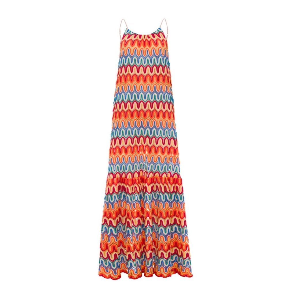 Długa kolorowa sukienka na cienkich ramiączkach z odkrytymi plecami Paradise