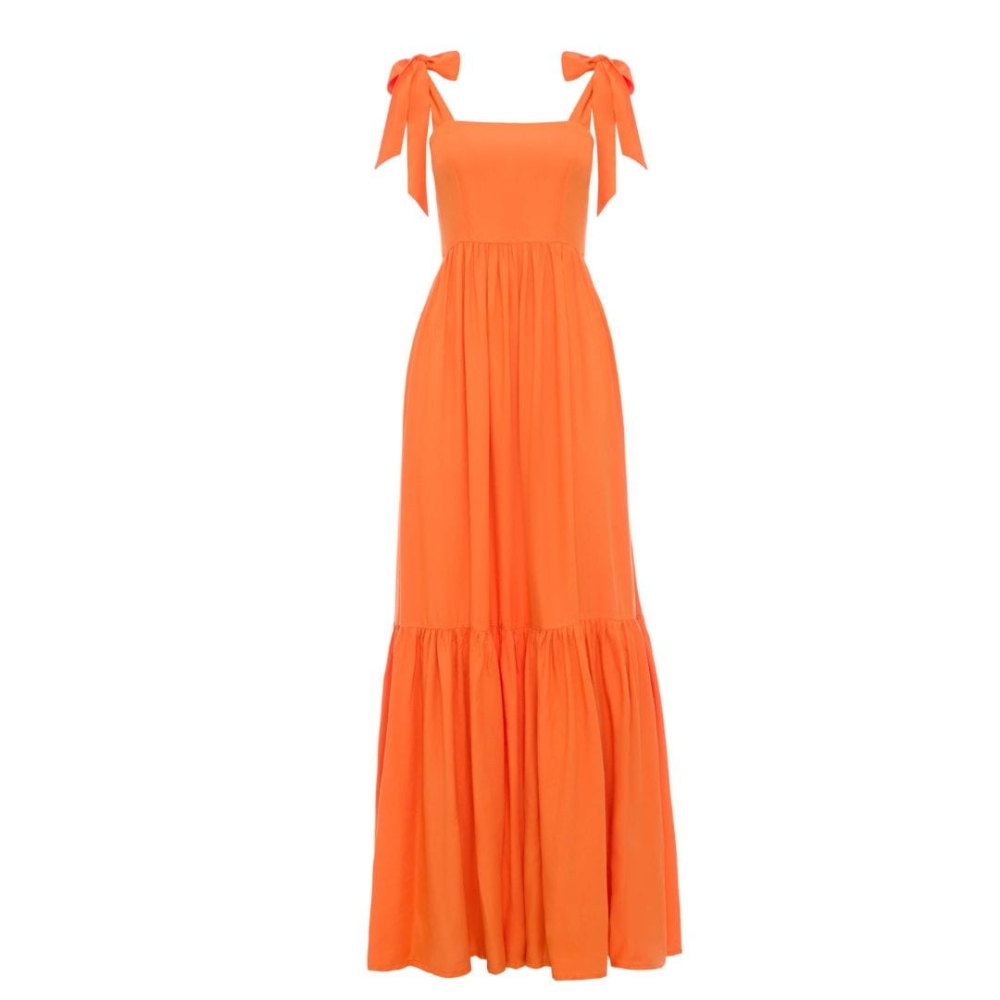 Pomarańczowa długa sukienka maxi z kokardami przy ramiączkach Dreamy by Swing