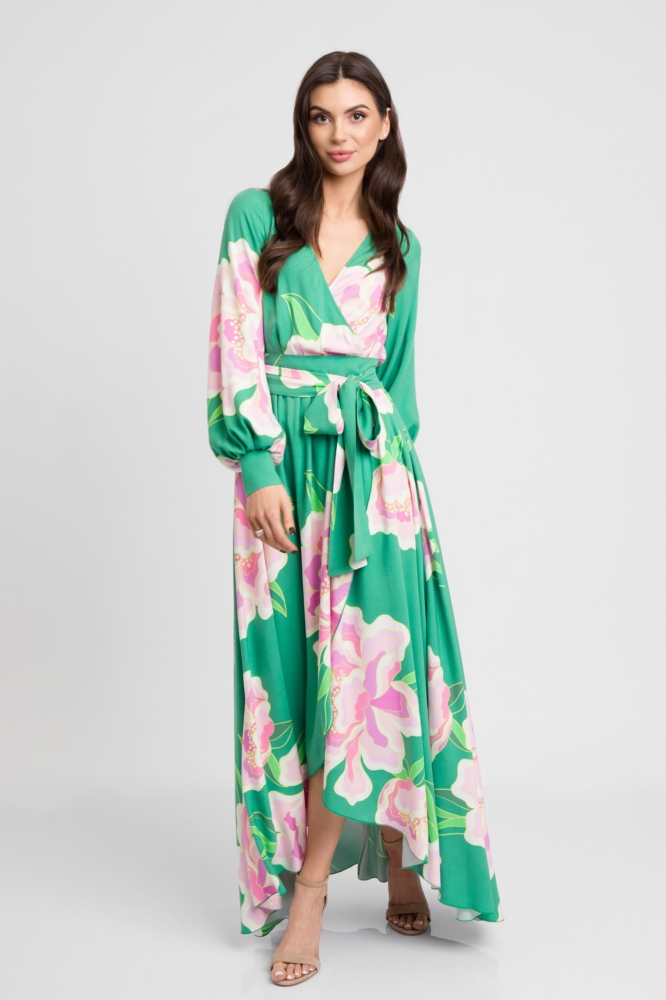 Zielona kwiatowa długa sukienka z krótszym przodem Irmina by Swing