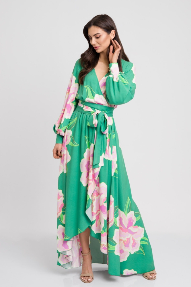 Zielona kwiatowa długa sukienka z krótszym przodem Irmina by Swing