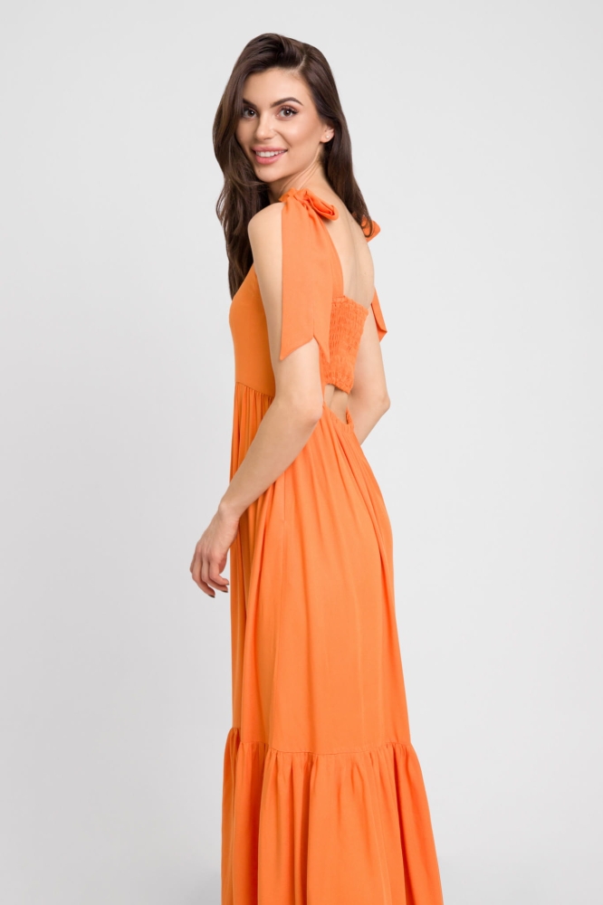 Pomarańczowa długa sukienka maxi z kokardami przy ramiączkach Dreamy by Swing