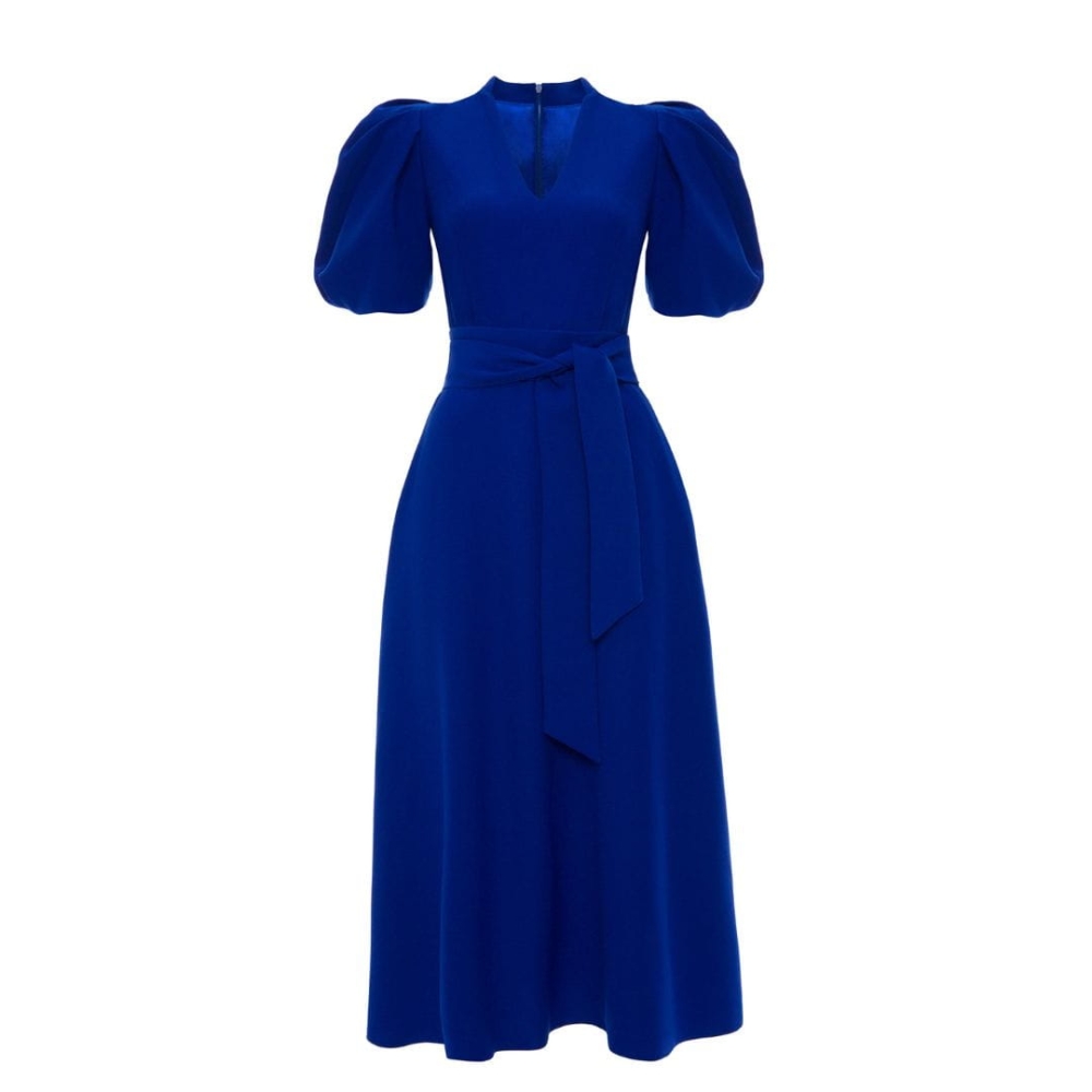 Kobaltowa lekko rozkloszowana sukienka  midi z bufiastym rękawem Icon by Swing