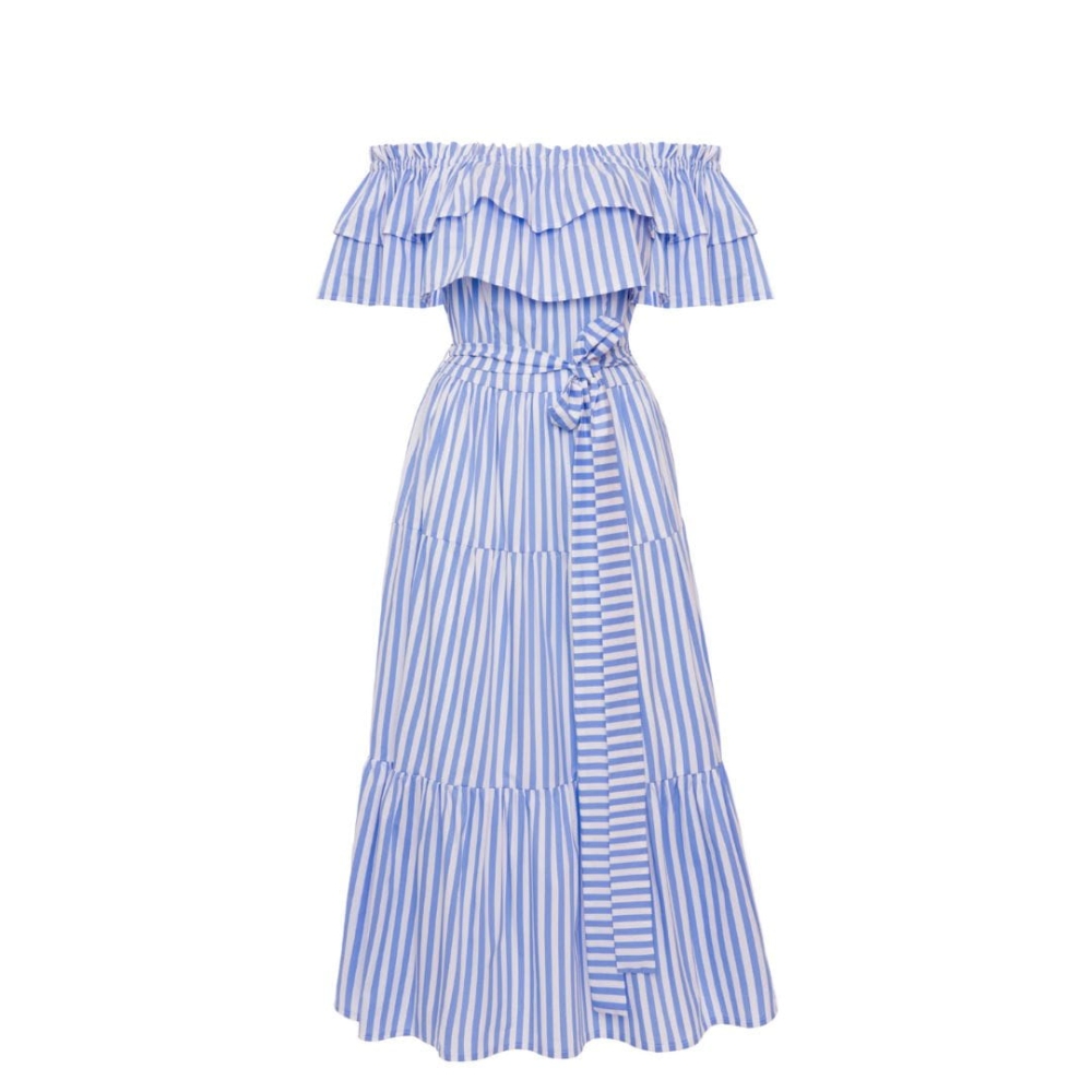 Niebieska sukienka midi hiszpanka w białe paski Poppi by Swing