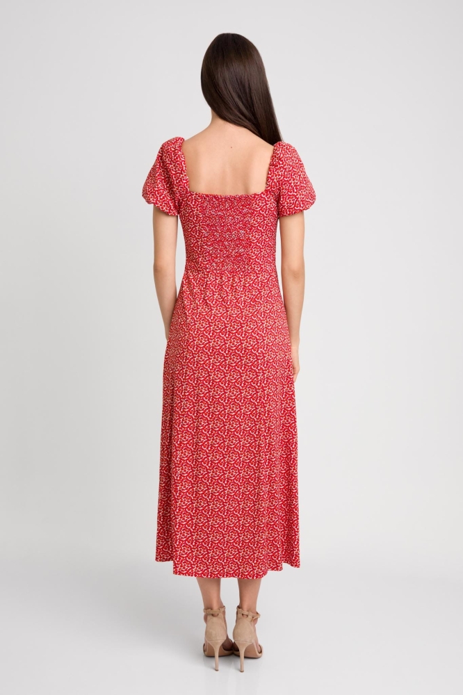 Letnia czerwona sukienka midi z rozporkiem w drobne kwiatki  Besos by Swing  sukeinka hiszpanka z opadającym rękawem i głębokim rozporkiem sukienka w maki maczki czerwone kwiatki