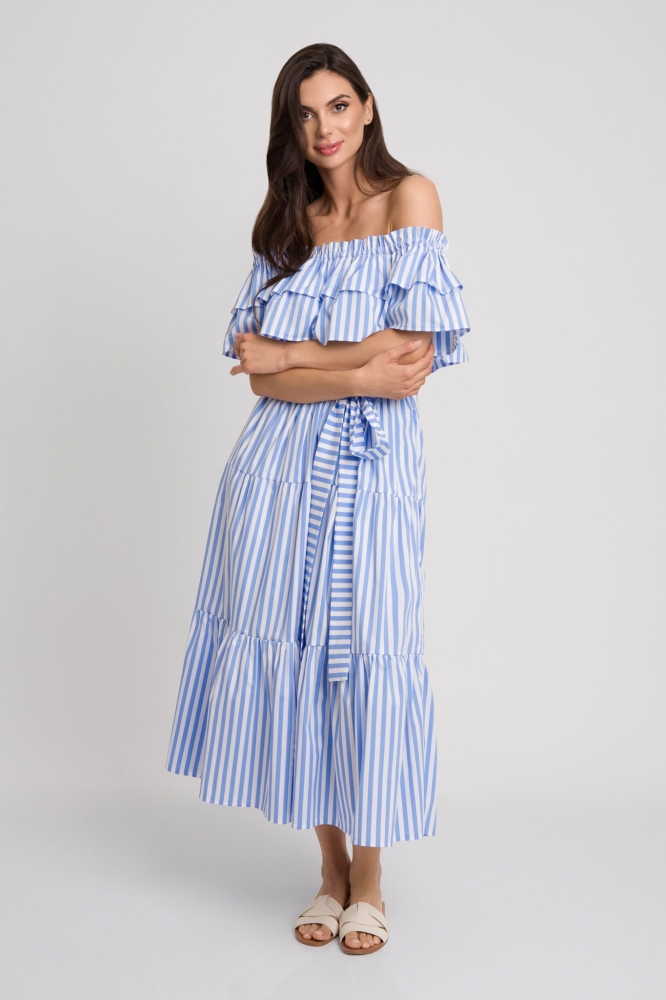 Niebieska sukienka midi hiszpanka w białe paski Poppi by Swing