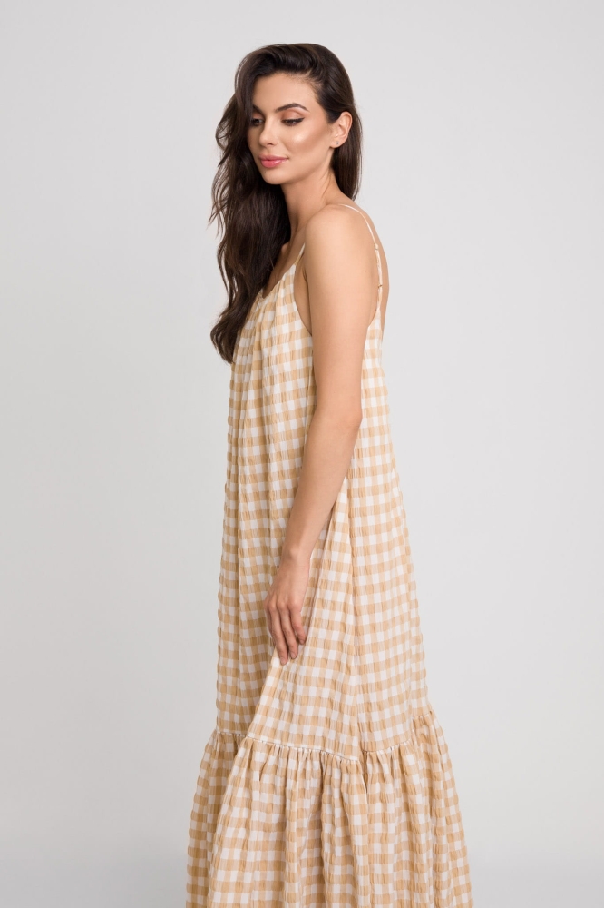 Długa sukienka na cienkich ramiączkach z odkrytymi plecami w biało beżową kratę Paradise
