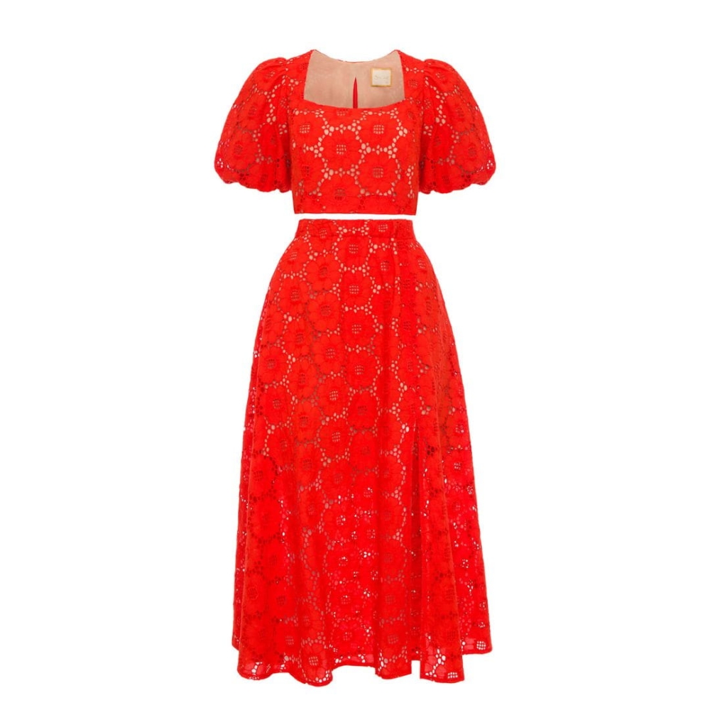 Czerwony ażurowy komplet spódnica midi + krótki top z bufiastym rękawem Lexi by Swing