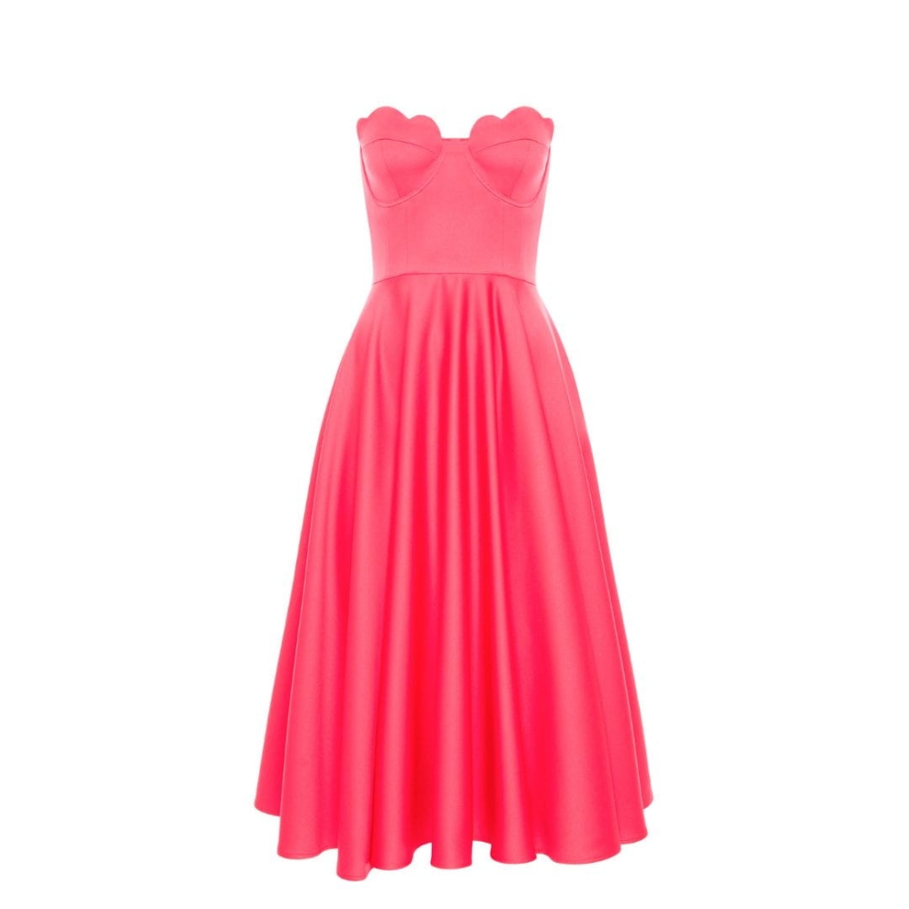 Koralowa satynowa rozkloszowana sukienka midi na gorsecie Flavia by Swing