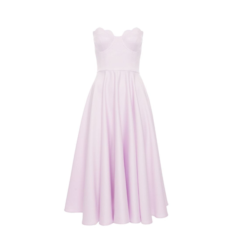 Wrzosowa satynowa rozkloszowana sukienka midi na gorsecie Flavia by Swing