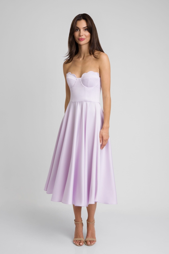 Wrzosowa satynowa rozkloszowana sukienka midi na gorsecie Flavia by Swing