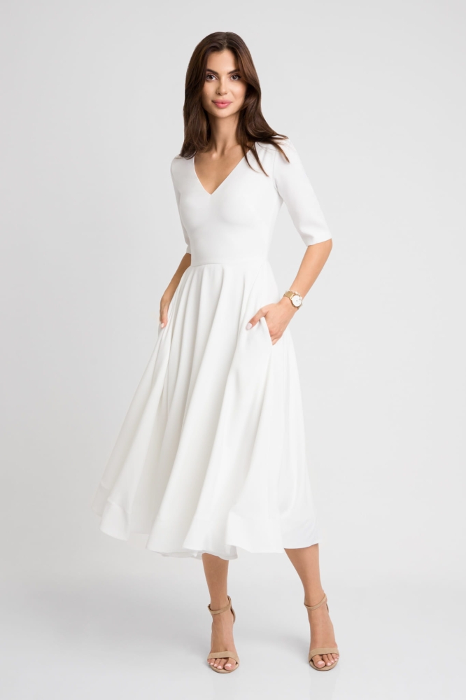 Biała rozkloszowana sukienka midi Sally by Swing