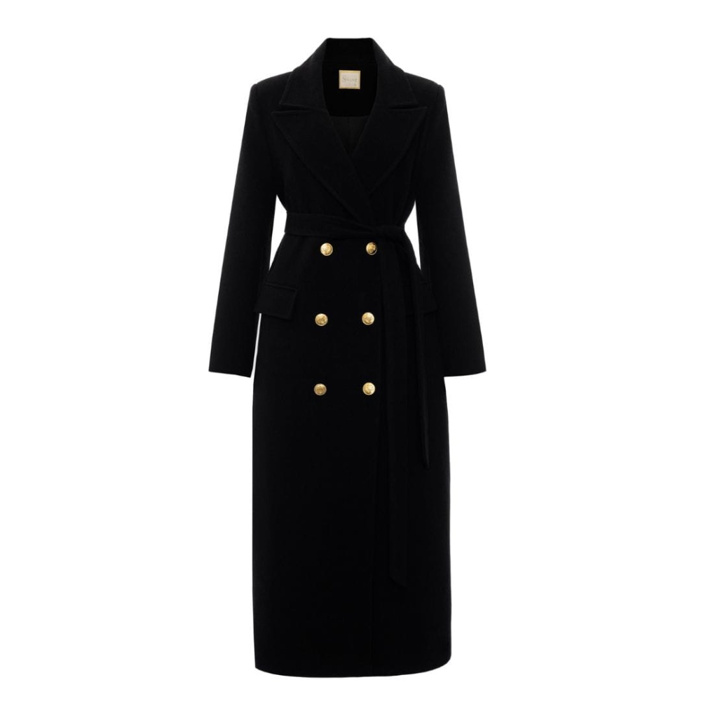 Czarny elegancki klasyczny płaszcz z kaszmiru i złotymi guzikami Bonjour by Swing