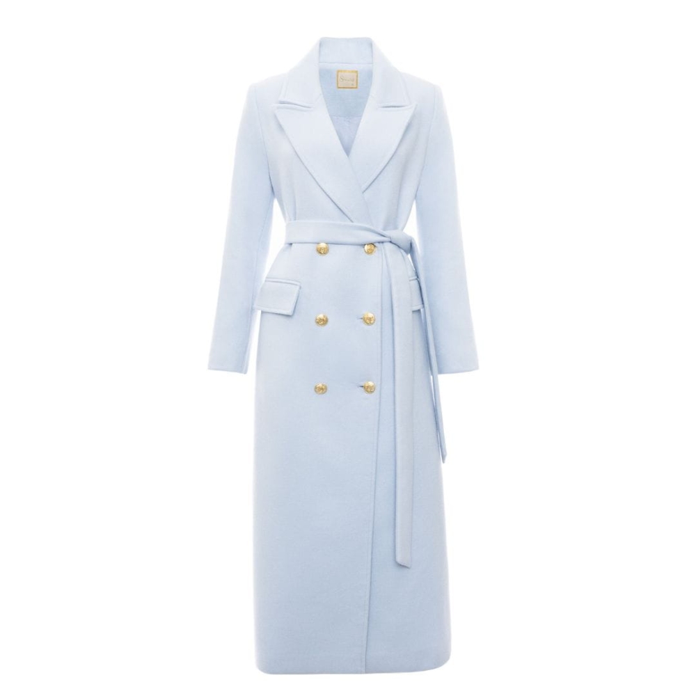 Błękitny elegancki klasyczny płaszcz z kaszmiru i złotymi guzikami Bonjour by Swing