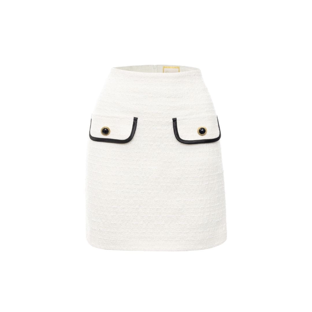 Śmietankowy tweedowy komplet spódnica + marynarka z ozdobną kokardą i lamówką Ella by Swing