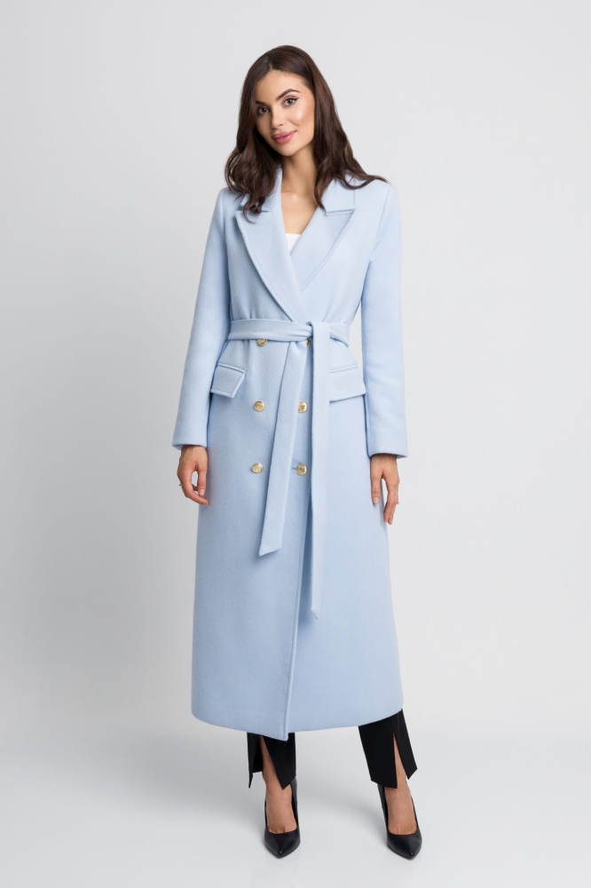 Błękitny elegancki klasyczny płaszcz z kaszmiru i złotymi guzikami Bonjour by Swing
