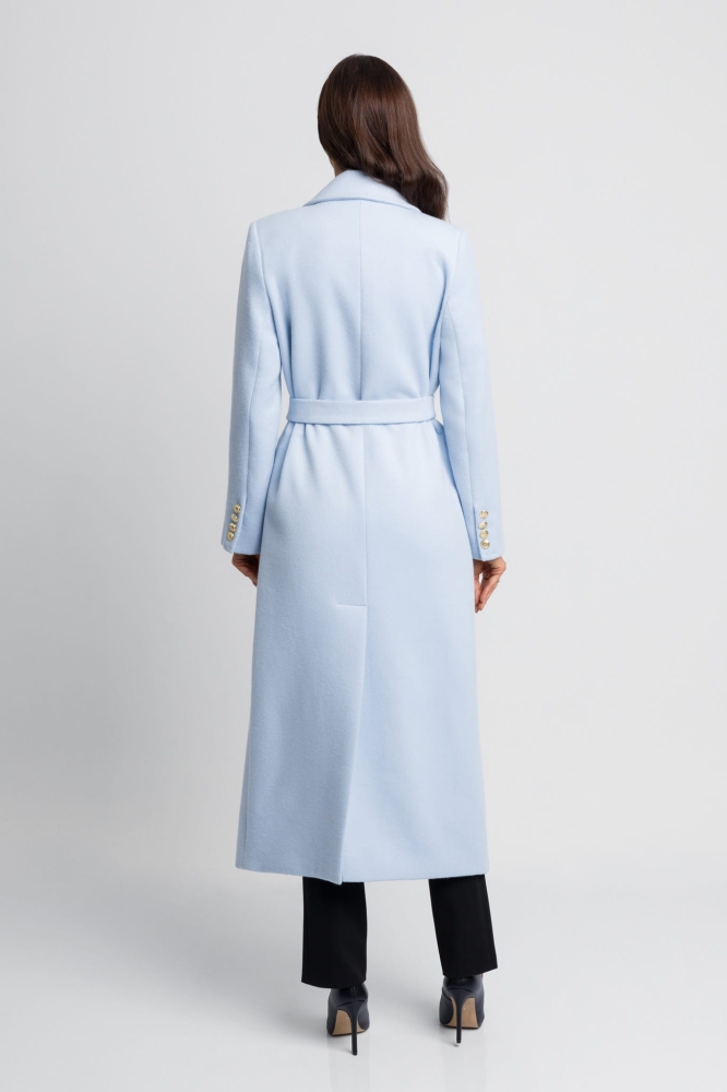 Błękitny elegancki klasyczny płaszcz z kaszmiru i złotymi guzikami Bonjour by Swing