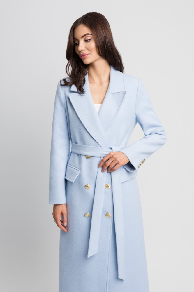 Błękitny elegancki klasyczny płaszcz z kaszmiru i złotymi guzikami Bonjour by Swing