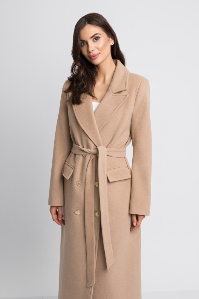Karmelowy elegancki klasyczny płaszcz z kaszmiru i złotymi guzikami Bonjour by Swing