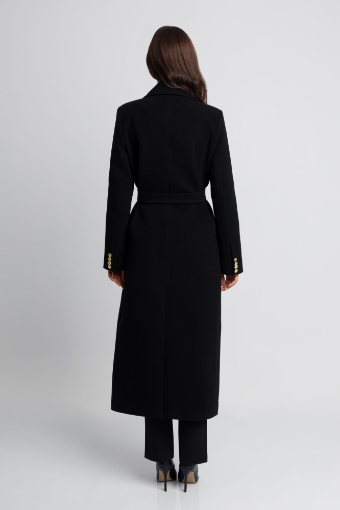 Czarny elegancki klasyczny płaszcz z kaszmiru i złotymi guzikami Bonjour by Swing
