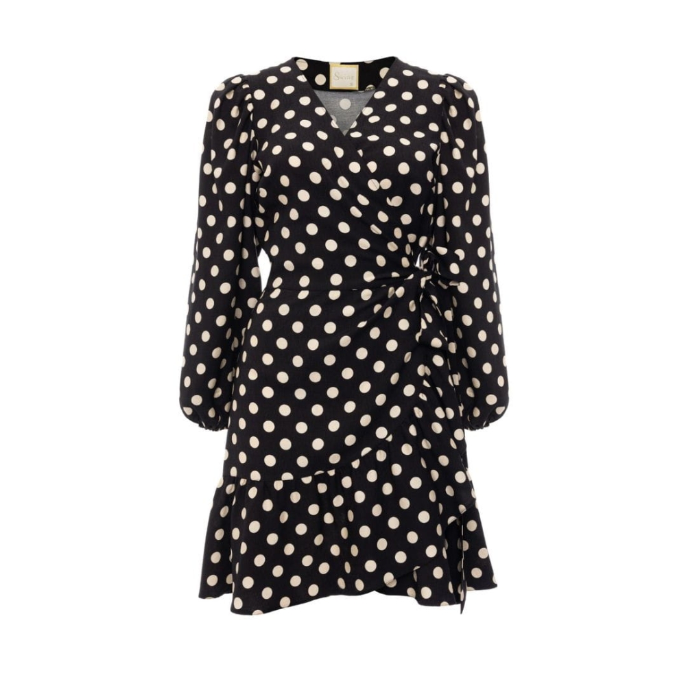 Kopertowa czarna sukienka mini w retro grochy z bufiastymi rękawkami i falbankami Sophia Long by Swing