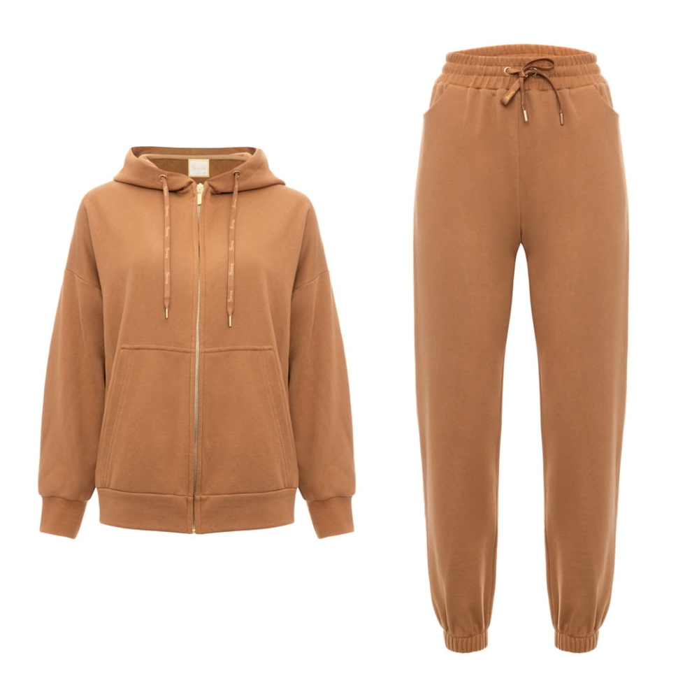 Karmelowy dresowy komplet spodnie + rozpinana bluza z kapturem Logan by Swing