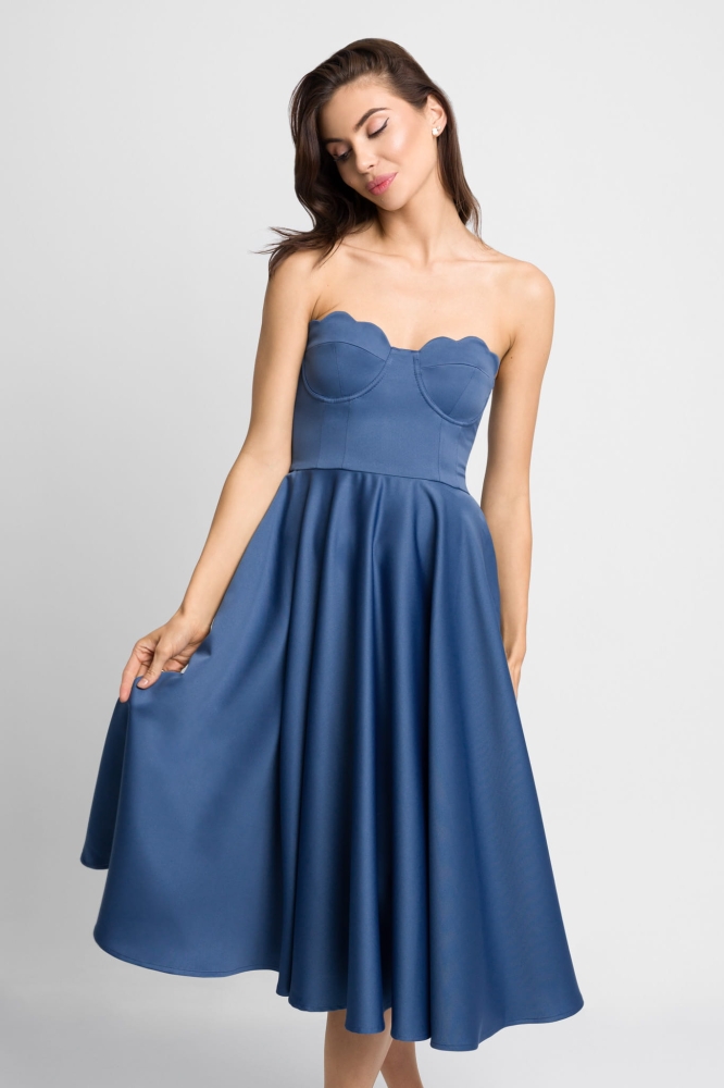 Niebieska satynowa rozkloszowana sukienka midi na gorsecie Flavia by Swing