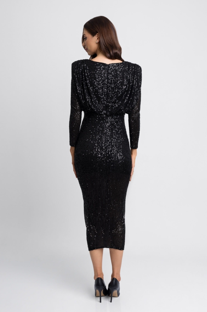 Zjawiskowa czarna dopasowana sukienka midi z cekinów z rękawem Nicol Long by Swing