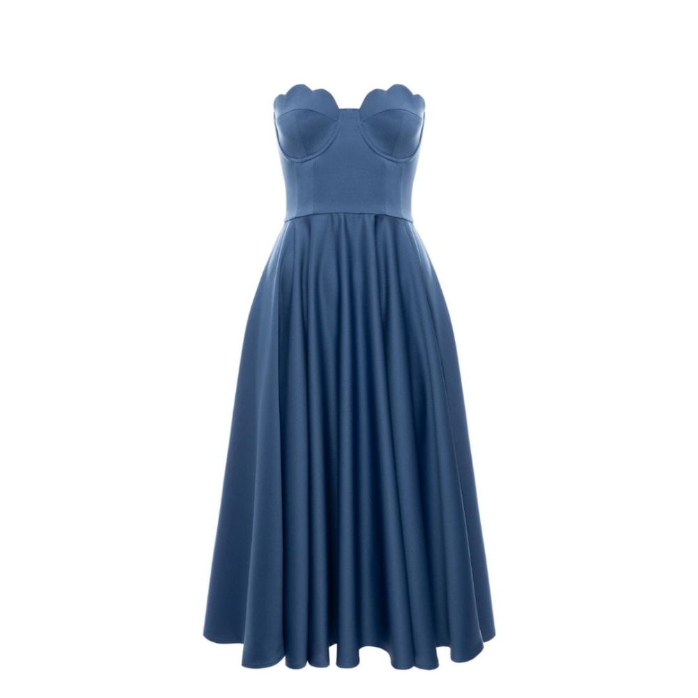 Niebieska satynowa rozkloszowana sukienka midi na gorsecie Flavia by Swing