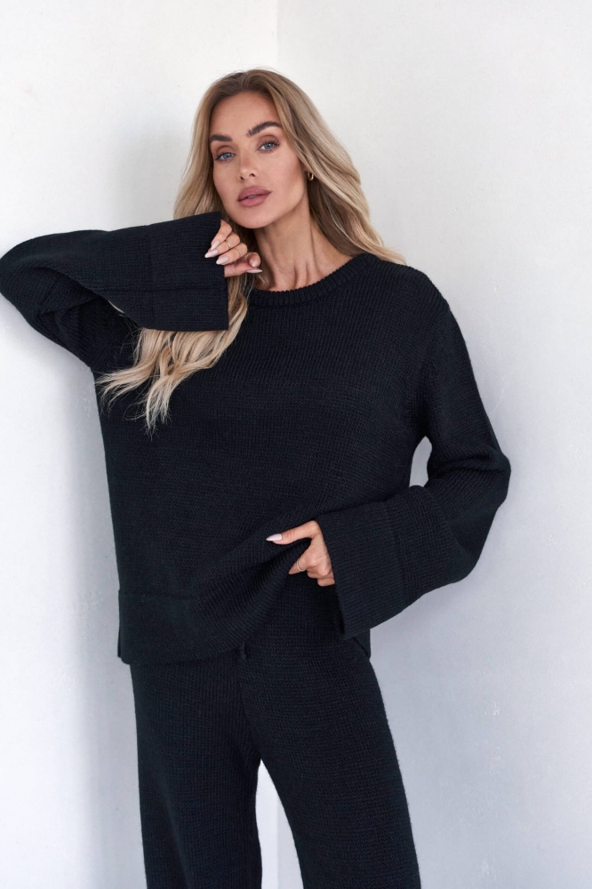 Czarny dzianinowy komplet dresowy szerokie spodnie + bluza oversize Mood one size