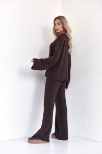 Czekoladowy dzianinowy komplet dresowy szerokie spodnie + bluza oversize Mood one size 
