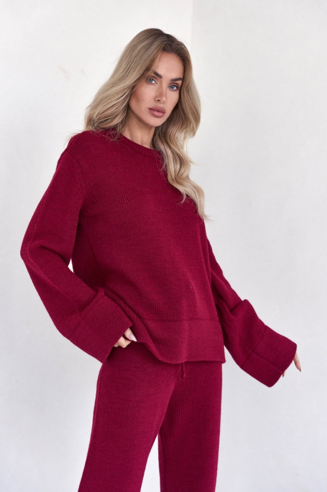 Bordowy dzianinowy komplet dresowy szerokie spodnie + bluza oversize Mood one size