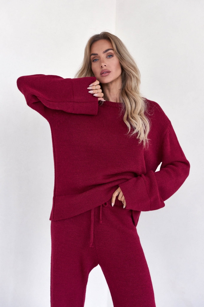 Bordowy dzianinowy komplet dresowy szerokie spodnie + bluza oversize Mood one size