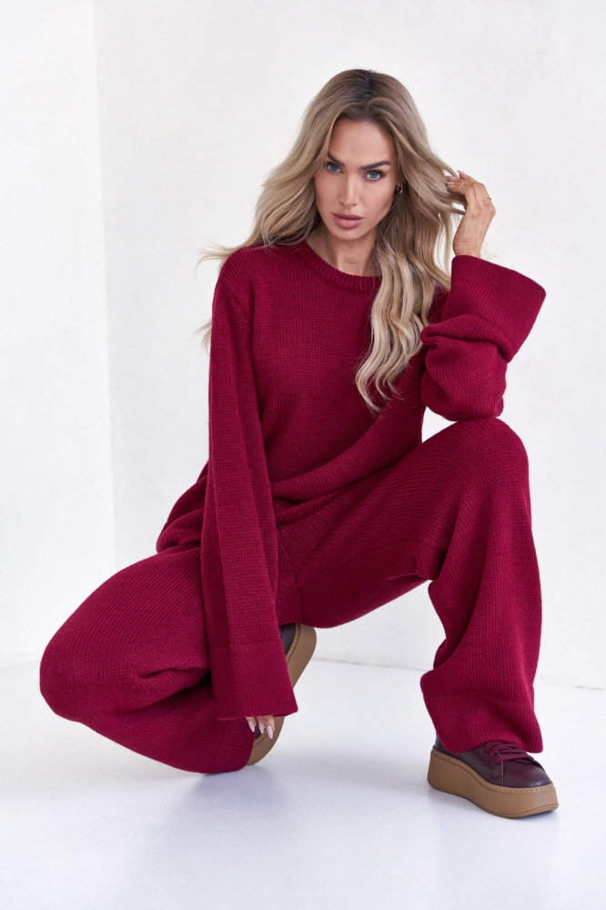 Bordowy dzianinowy komplet dresowy szerokie spodnie + bluza oversize Mood one size