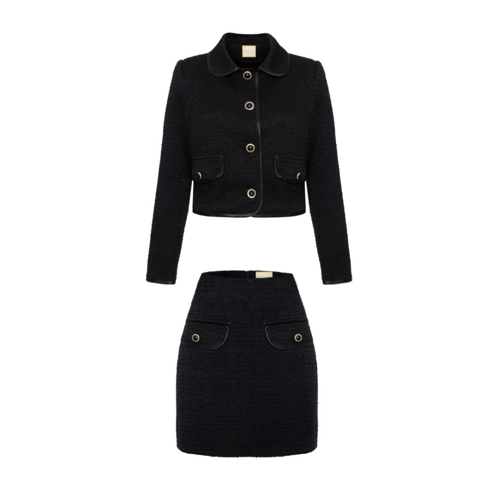 Czarny tweedowy komplet spódnica + marynarka z ozdobną lamówką Ella by Swing