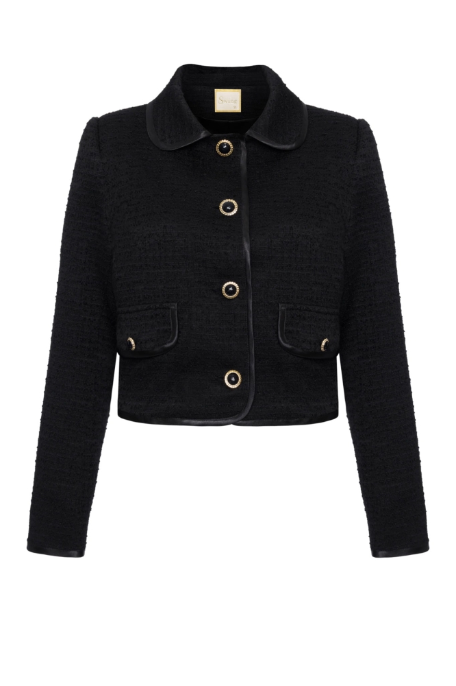 Czarny tweedowy komplet spódnica + marynarka z ozdobną lamówką Ella by Swing