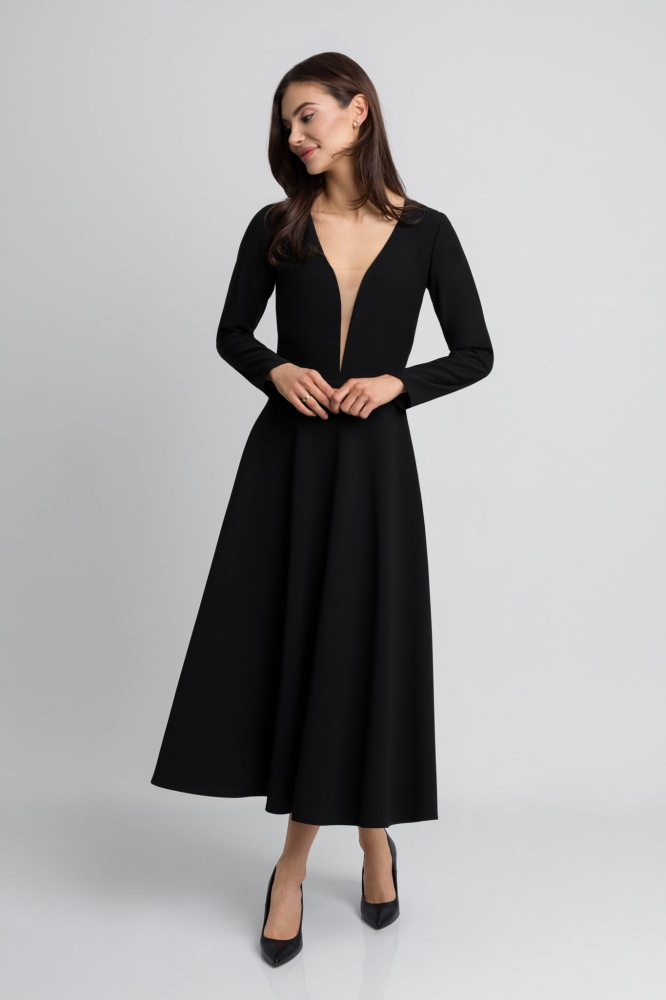 Czarna rozkloszowana sukienka midi z długim rękawem Viral by Swing