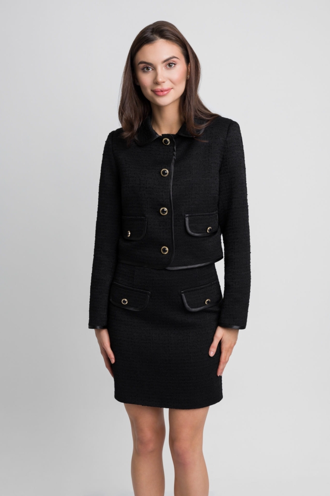 Czarny tweedowy komplet spódnica + marynarka z ozdobną lamówką Ella by Swing