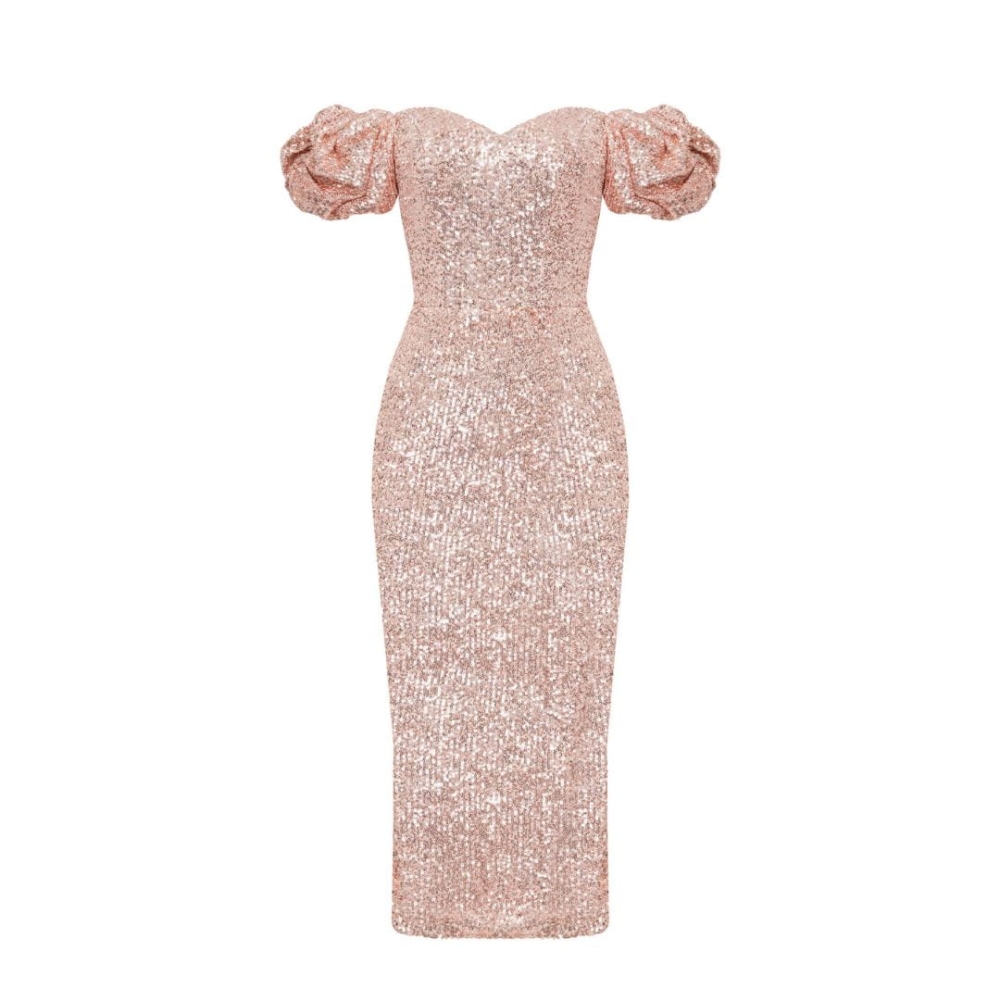 Złota cekinowa sukienka midi z hiszpańskim dekoltem Kimmy by Swing