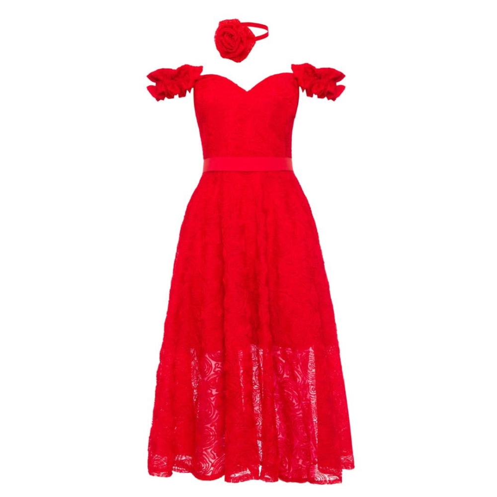 Czerwona tiulowa sukienka midi z ozdobnymi ramiączkami Orangina by Swing