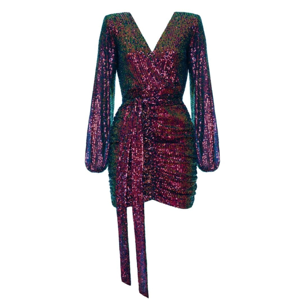 Sukienka mini z cekinów w multikolorze z kopertowym dekoltem i długim rękawem Sparkle by SWING