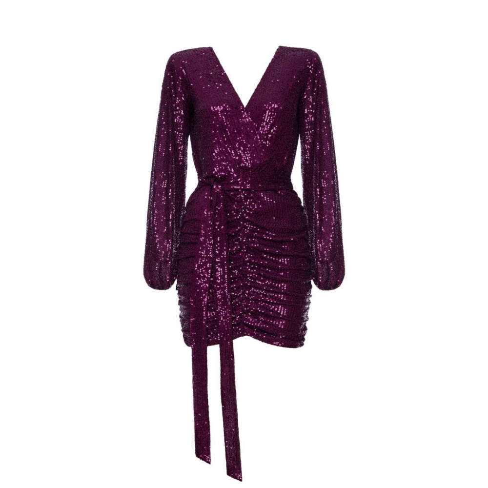 Fioletowa mini sukienka z cekinów z kopertowym dekoltem i długim rękawem Sparkle by SWING