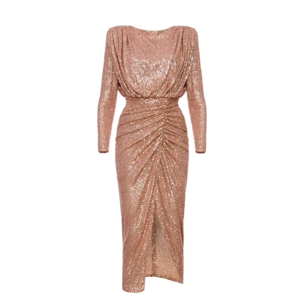Zjawiskowa złota dopasowana sukienka midi z cekinów z rękawem Nicol Long Rose Gold by Swing