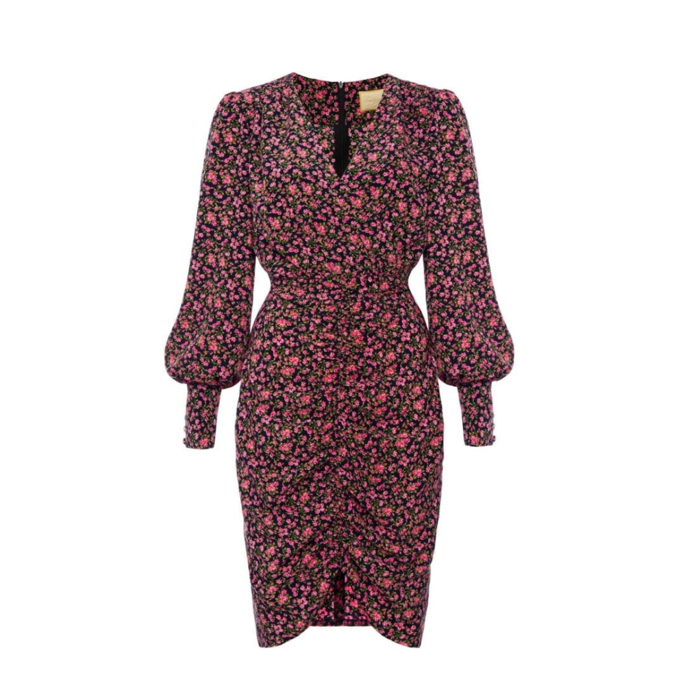 Ołówkowa sukienka z marszczonym dołem w różowe kwiatki Luiza by Swing