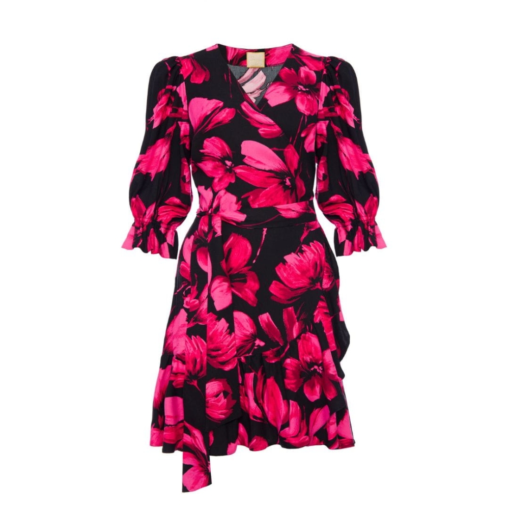 Kopertowa sukienka w czarno różowy jesienny wzór Sophia by Swing